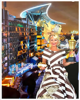 2018 Dubai World Cup, Meydan Racecourse, Dubai. Best Dressed Lady of International Style Stakes, Dubai World Cup. Proudly wearing My Own Design complete outfit & Handmade Millinery. Photo credit Dubai Racing Club & Meydan Racecourse.